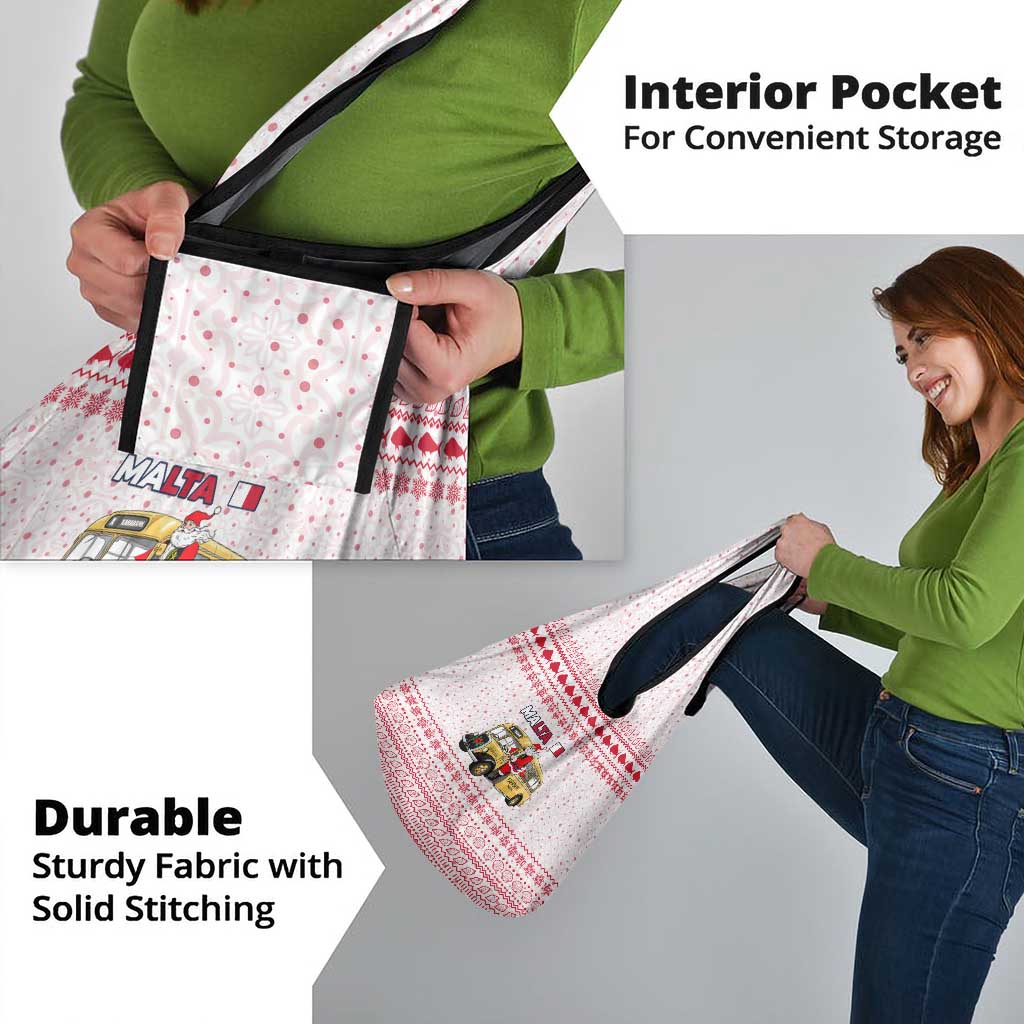 Malta Christmas Grocery Bag with Santa Driving Vintage Bus Malta Flag and Red White Festive Pattern Design - Wonder Print Shop