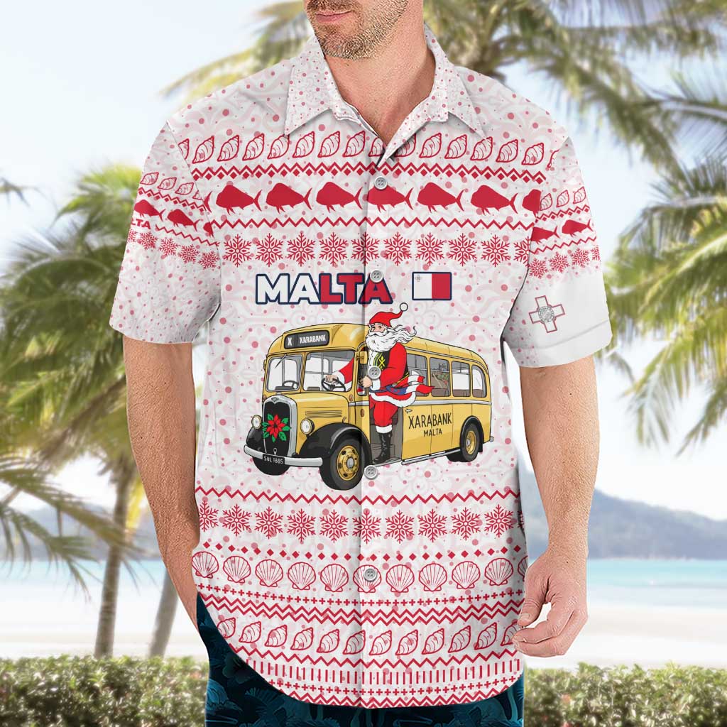 Malta Christmas Hawaiian Shirt with Santa Driving Vintage Bus Malta Flag and Red White Festive Pattern Design - Wonder Print Shop