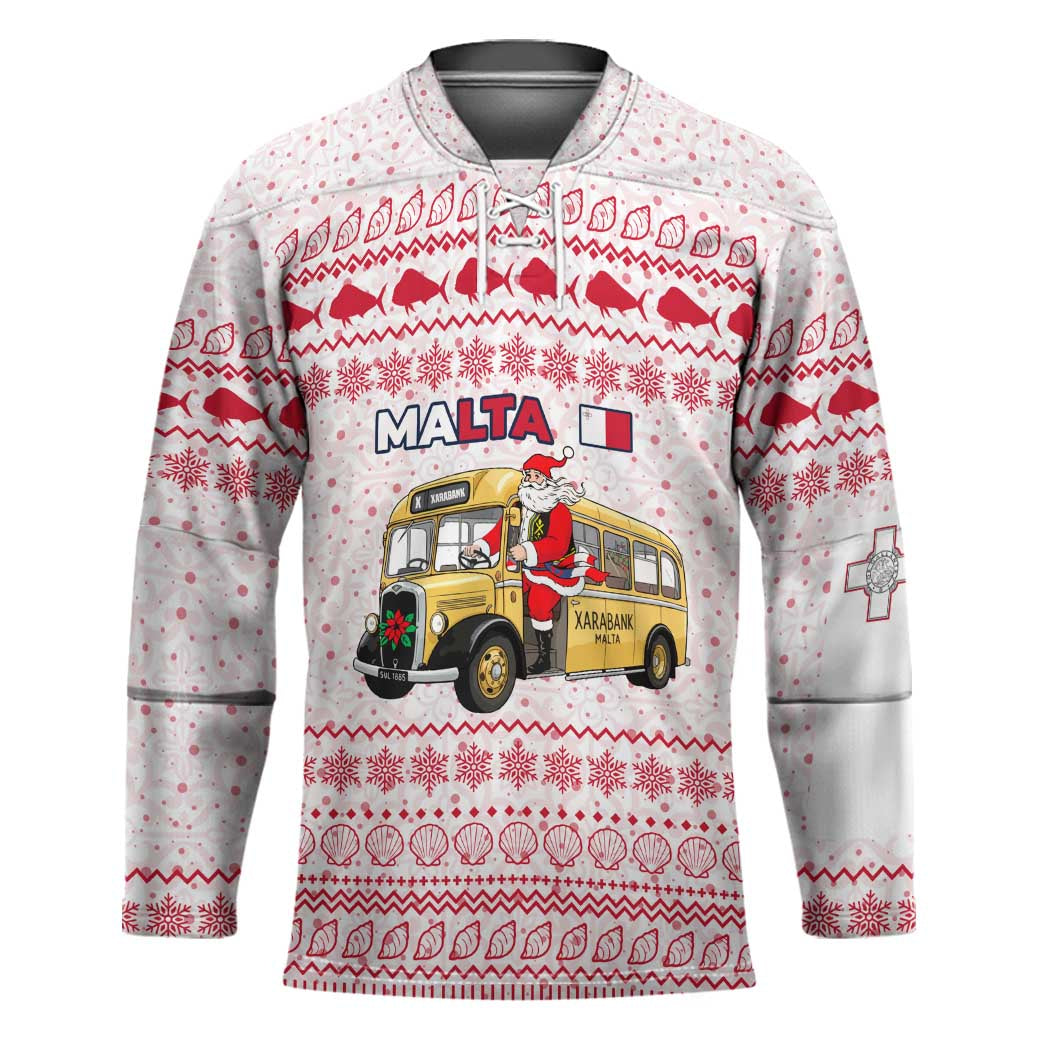Malta Christmas Hockey Jersey with Santa Driving Vintage Bus Malta Flag and Red White Festive Pattern Design - Wonder Print Shop