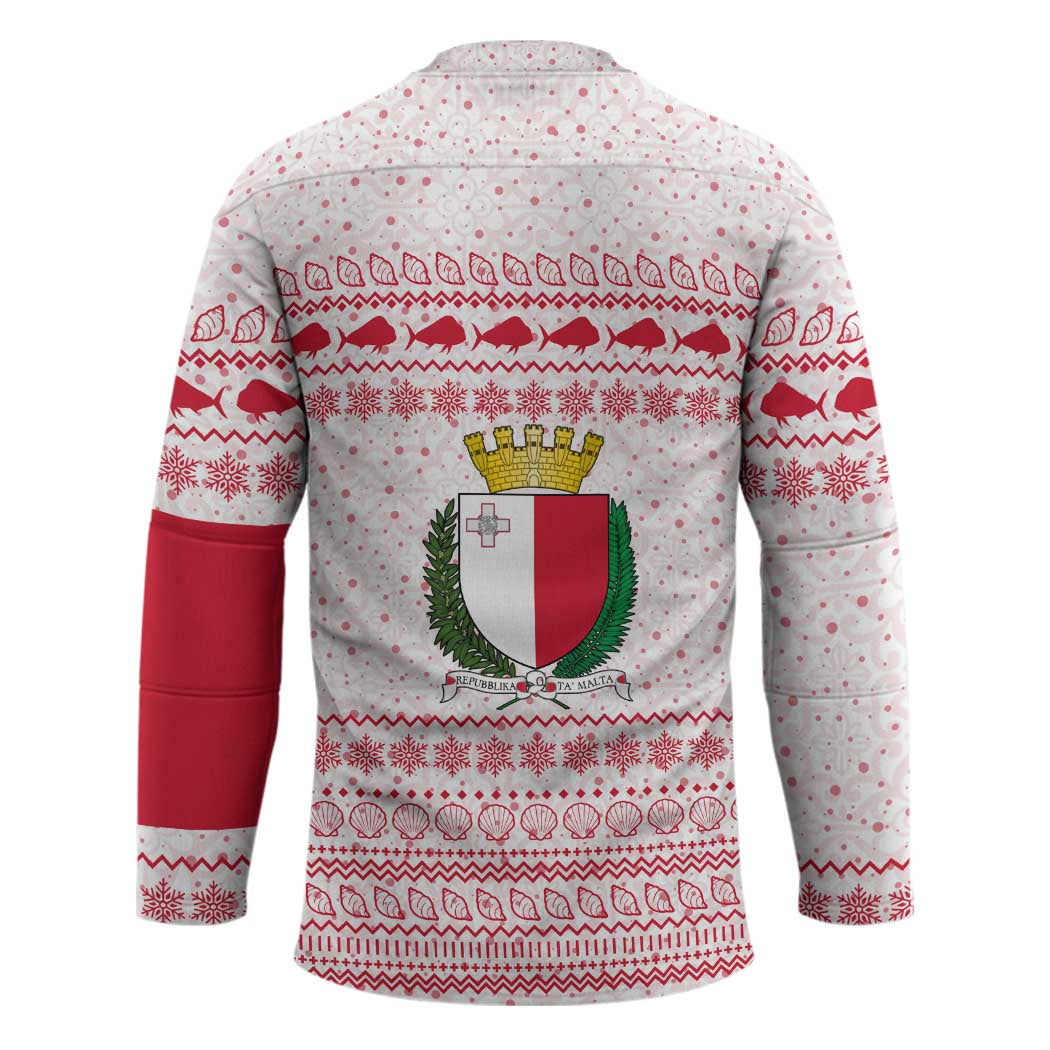 Malta Christmas Hockey Jersey with Santa Driving Vintage Bus Malta Flag and Red White Festive Pattern Design - Wonder Print Shop