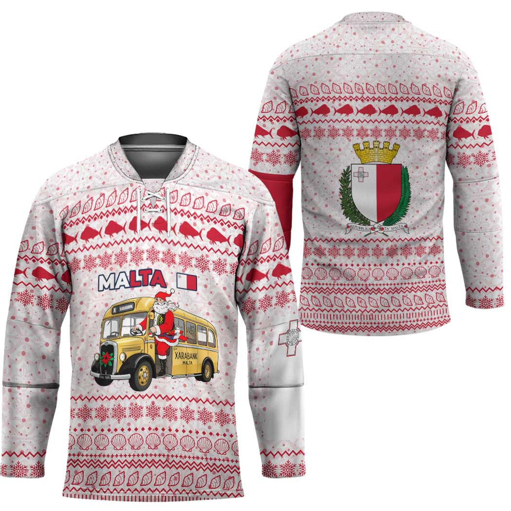Malta Christmas Hockey Jersey with Santa Driving Vintage Bus Malta Flag and Red White Festive Pattern Design - Wonder Print Shop