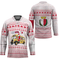 Malta Christmas Hockey Jersey with Santa Driving Vintage Bus Malta Flag and Red White Festive Pattern Design - Wonder Print Shop