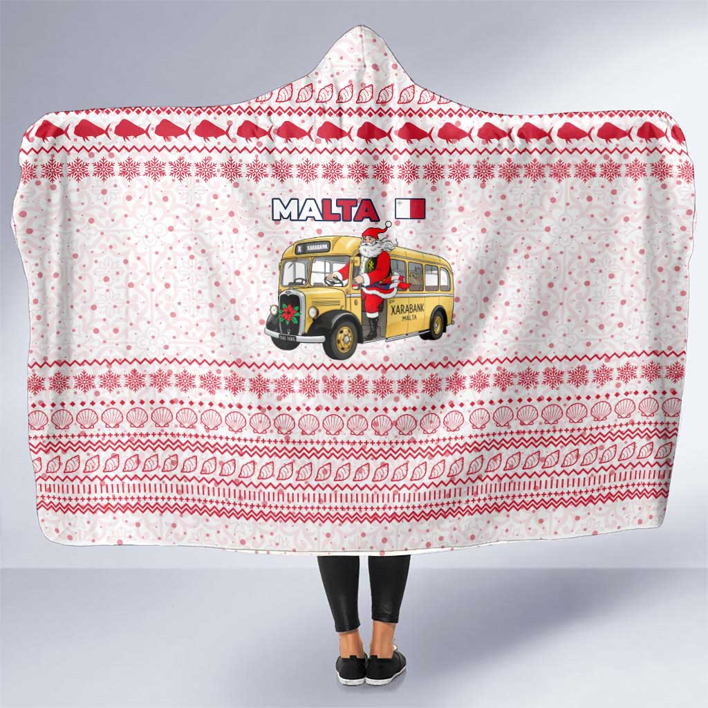 Malta Christmas Hooded Blanket with Santa Driving Vintage Bus Malta Flag and Red White Festive Pattern Design - Wonder Print Shop