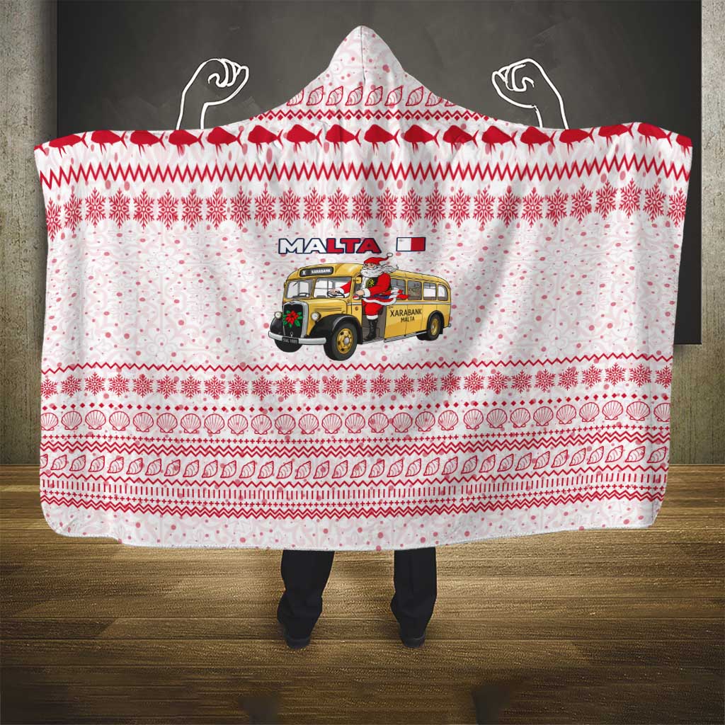 Malta Christmas Hooded Blanket with Santa Driving Vintage Bus Malta Flag and Red White Festive Pattern Design - Wonder Print Shop