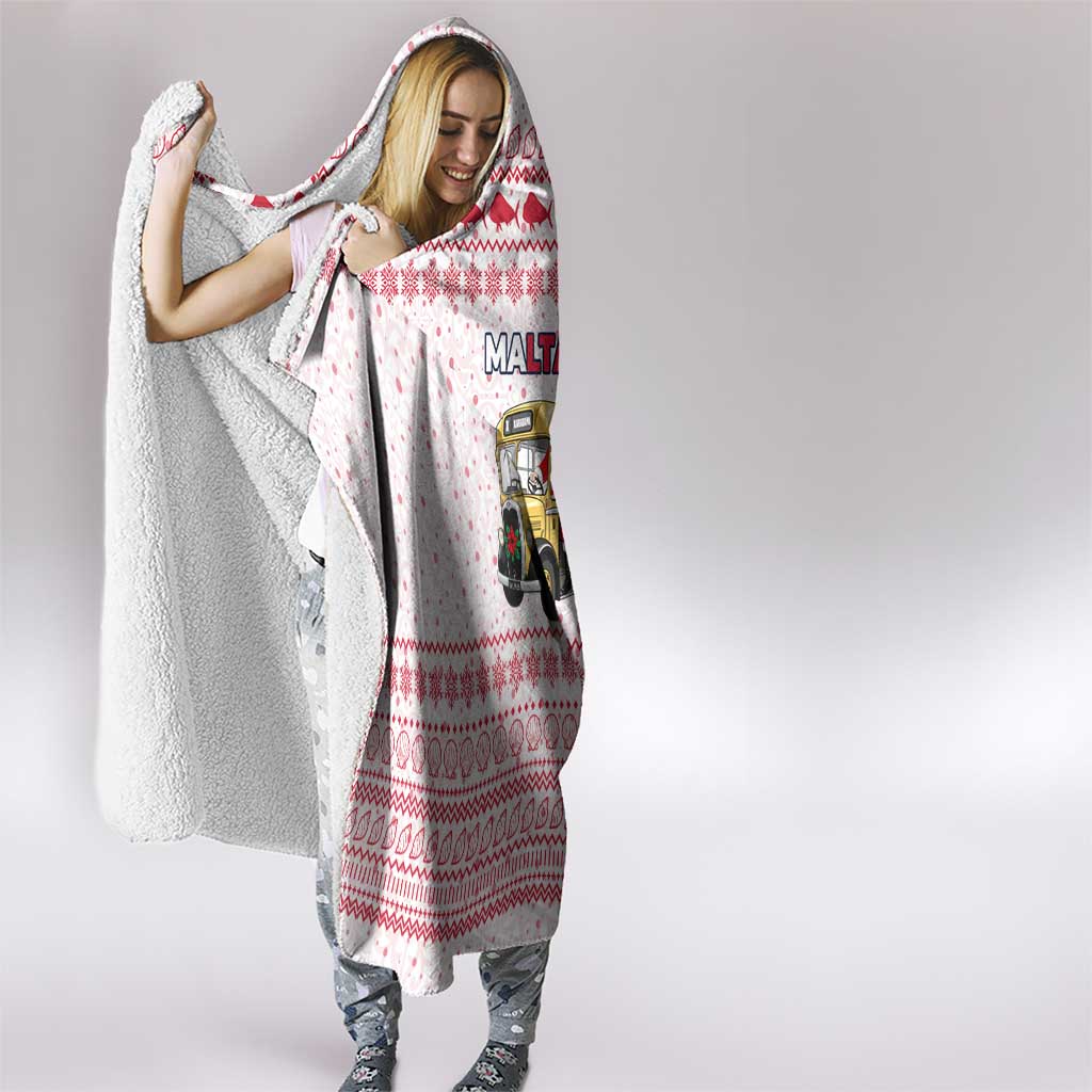 Malta Christmas Hooded Blanket with Santa Driving Vintage Bus Malta Flag and Red White Festive Pattern Design - Wonder Print Shop