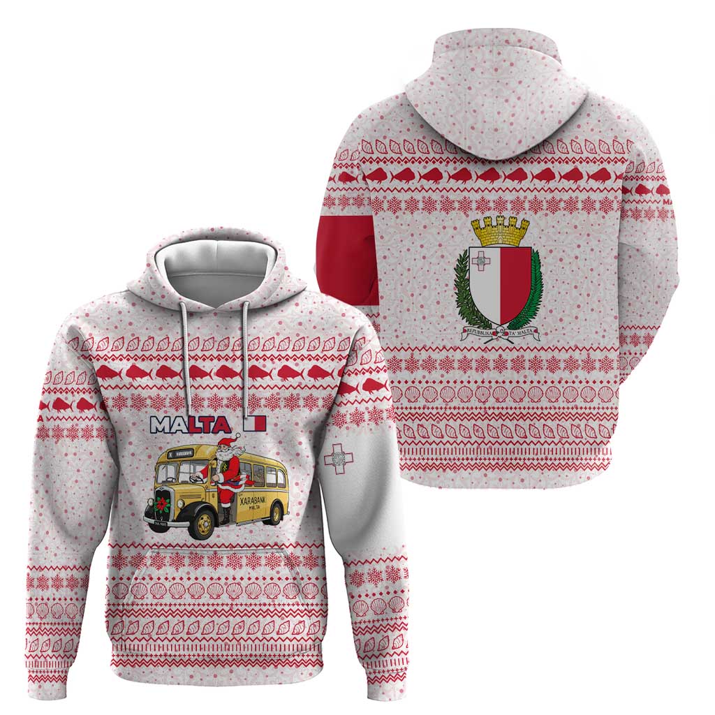 Malta Christmas Hoodie with Santa Driving Vintage Bus Malta Flag and Red White Festive Pattern Design - Wonder Print Shop