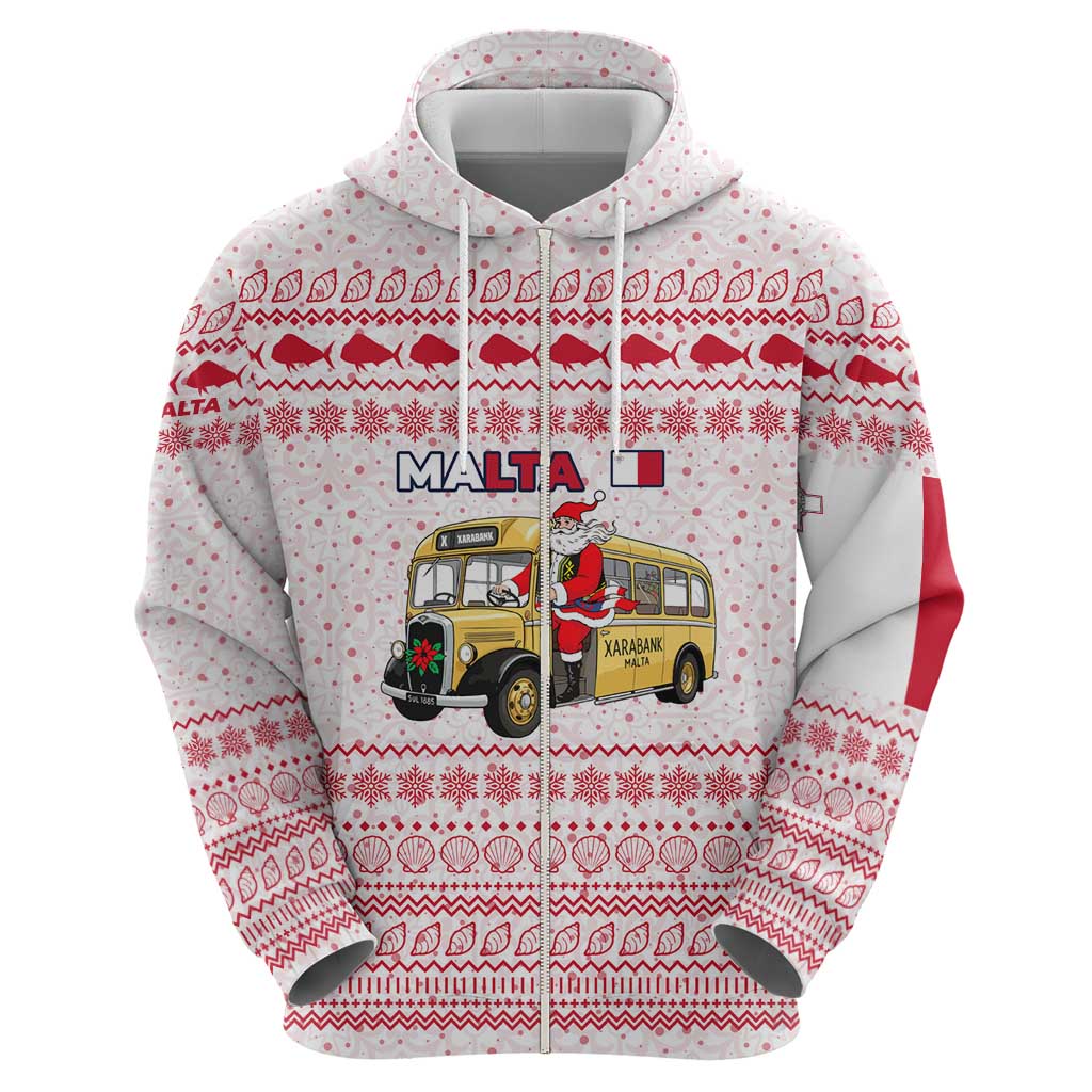 Malta Christmas Hoodie with Santa Driving Vintage Bus Malta Flag and Red White Festive Pattern Design - Wonder Print Shop