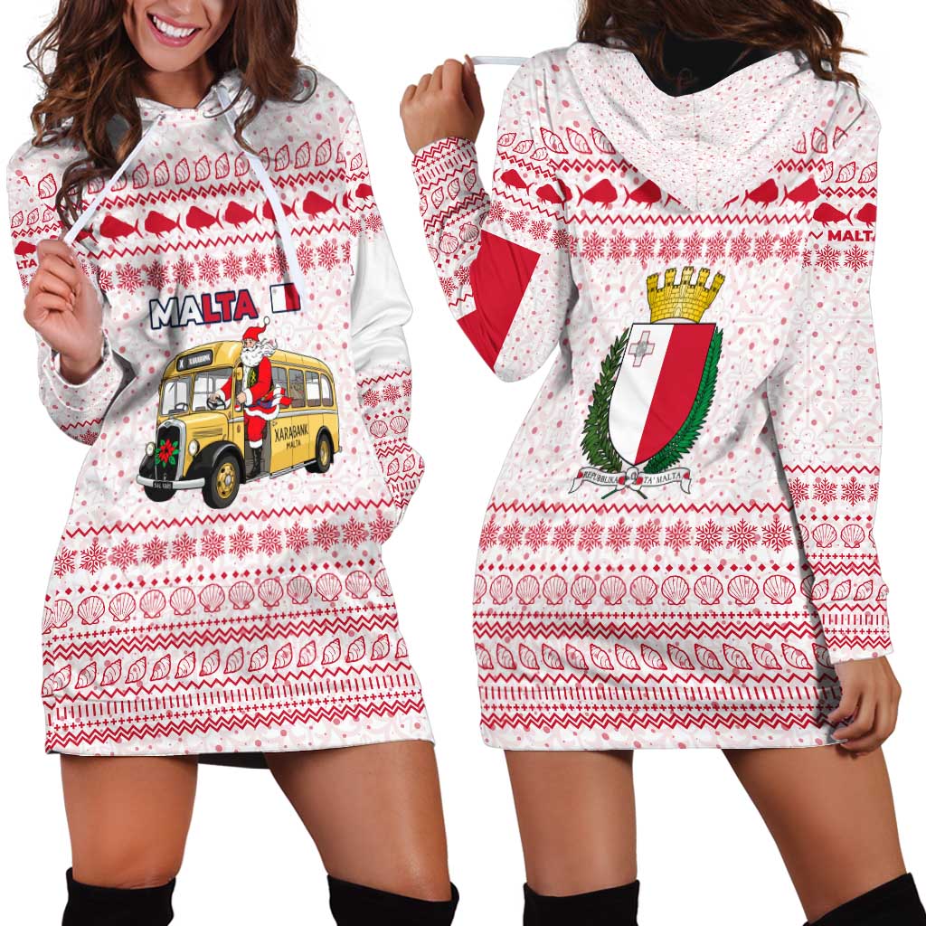 Malta Christmas Hoodie Dress with Santa Driving Vintage Bus Malta Flag and Red White Festive Pattern Design - Wonder Print Shop