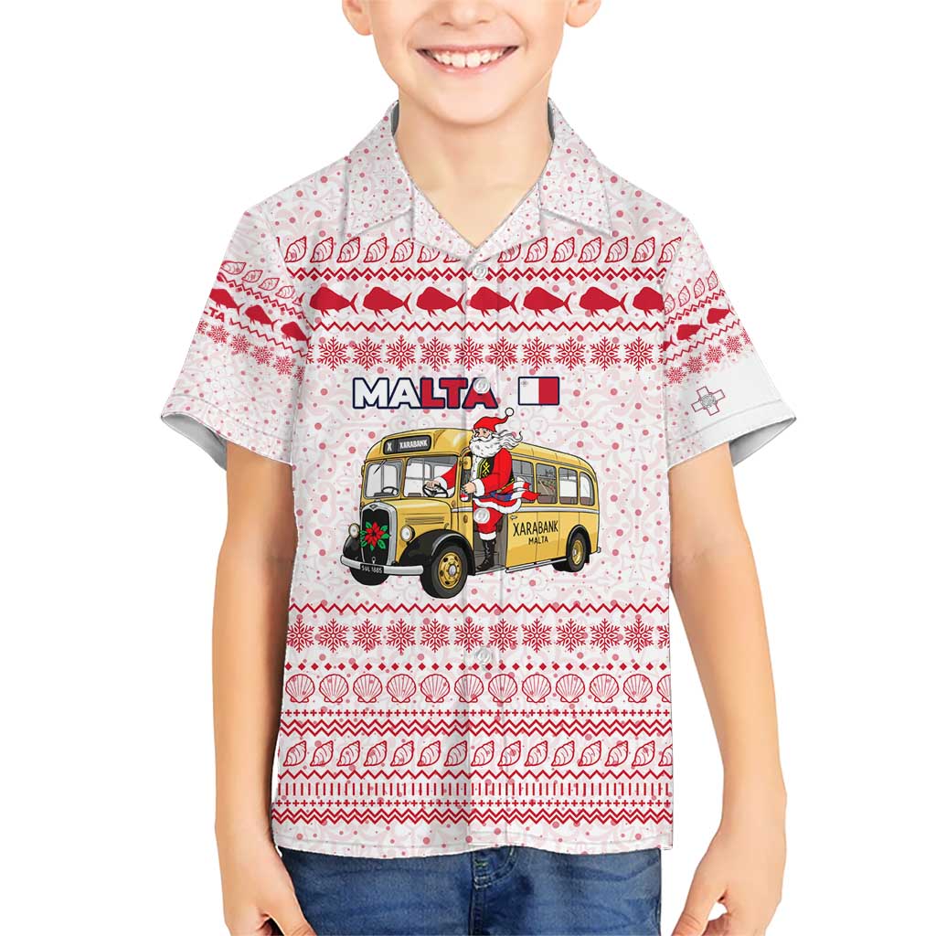 Malta Christmas Kid Hawaiian Shirt with Santa Driving Vintage Bus Malta Flag and Red White Festive Pattern Design - Wonder Print Shop