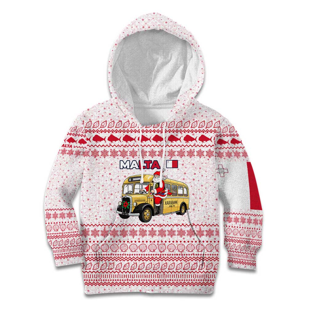 Malta Christmas Kid Hoodie with Santa Driving Vintage Bus Malta Flag and Red White Festive Pattern Design - Wonder Print Shop