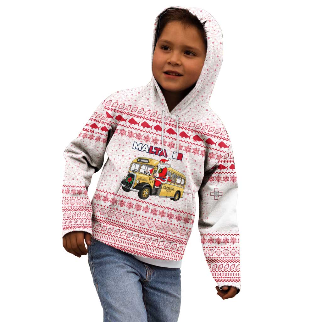 Malta Christmas Kid Hoodie with Santa Driving Vintage Bus Malta Flag and Red White Festive Pattern Design - Wonder Print Shop