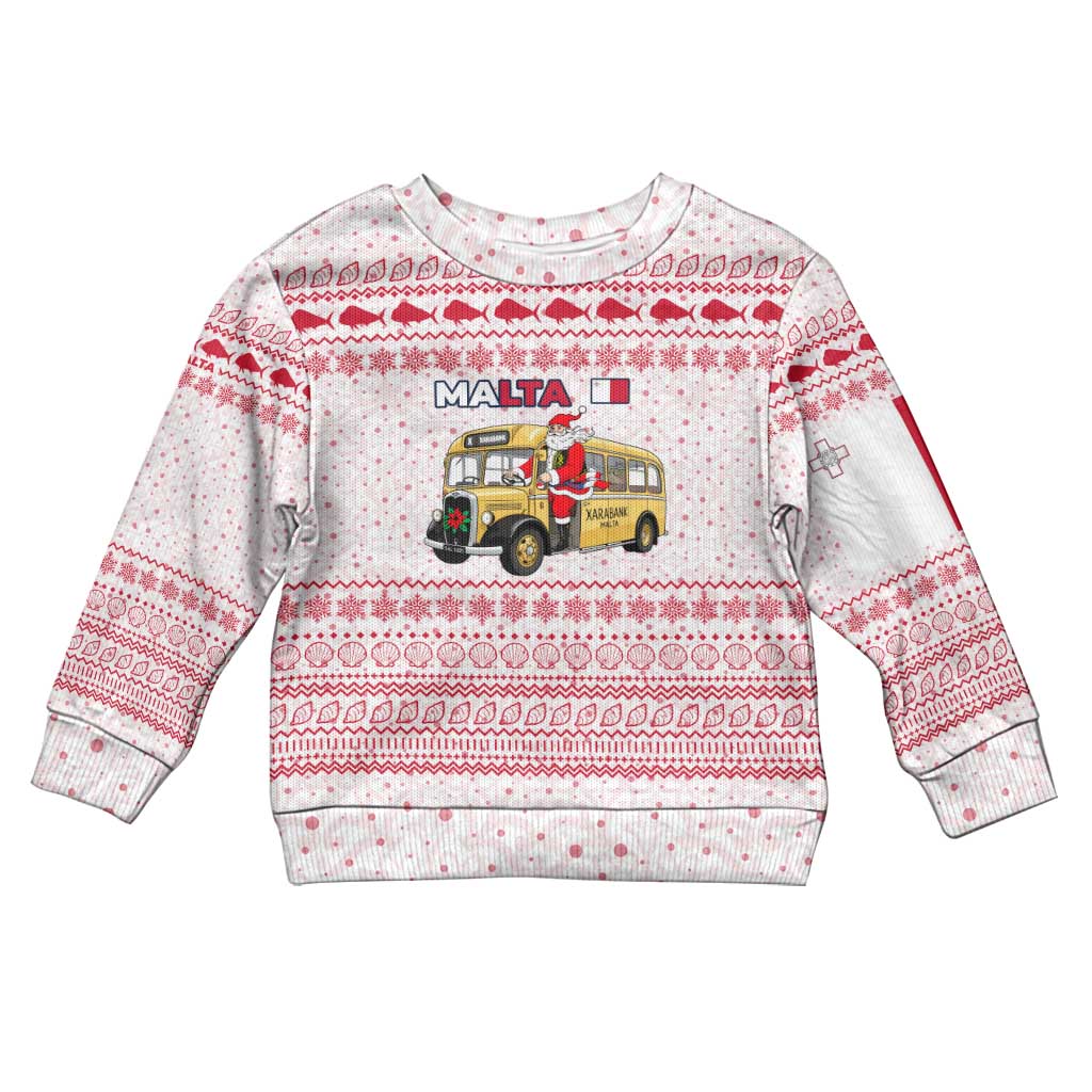 Malta Christmas Kid Ugly Christmas Sweater with Santa Driving Vintage Bus Malta Flag and Red White Festive Pattern Design - Wonder Print Shop