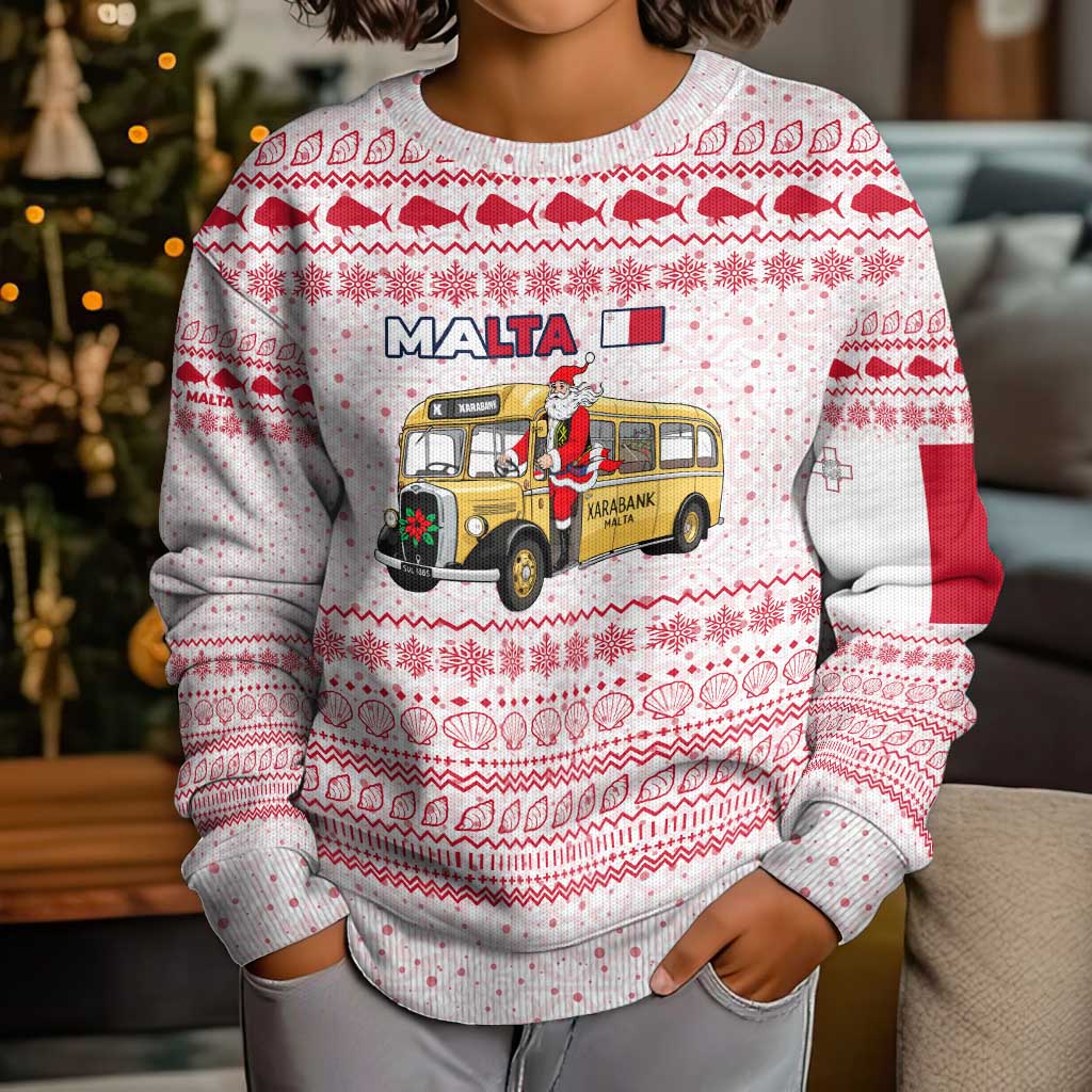 Malta Christmas Kid Ugly Christmas Sweater with Santa Driving Vintage Bus Malta Flag and Red White Festive Pattern Design - Wonder Print Shop