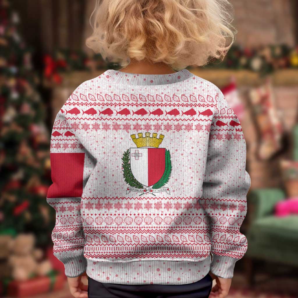 Malta Christmas Kid Ugly Christmas Sweater with Santa Driving Vintage Bus Malta Flag and Red White Festive Pattern Design - Wonder Print Shop