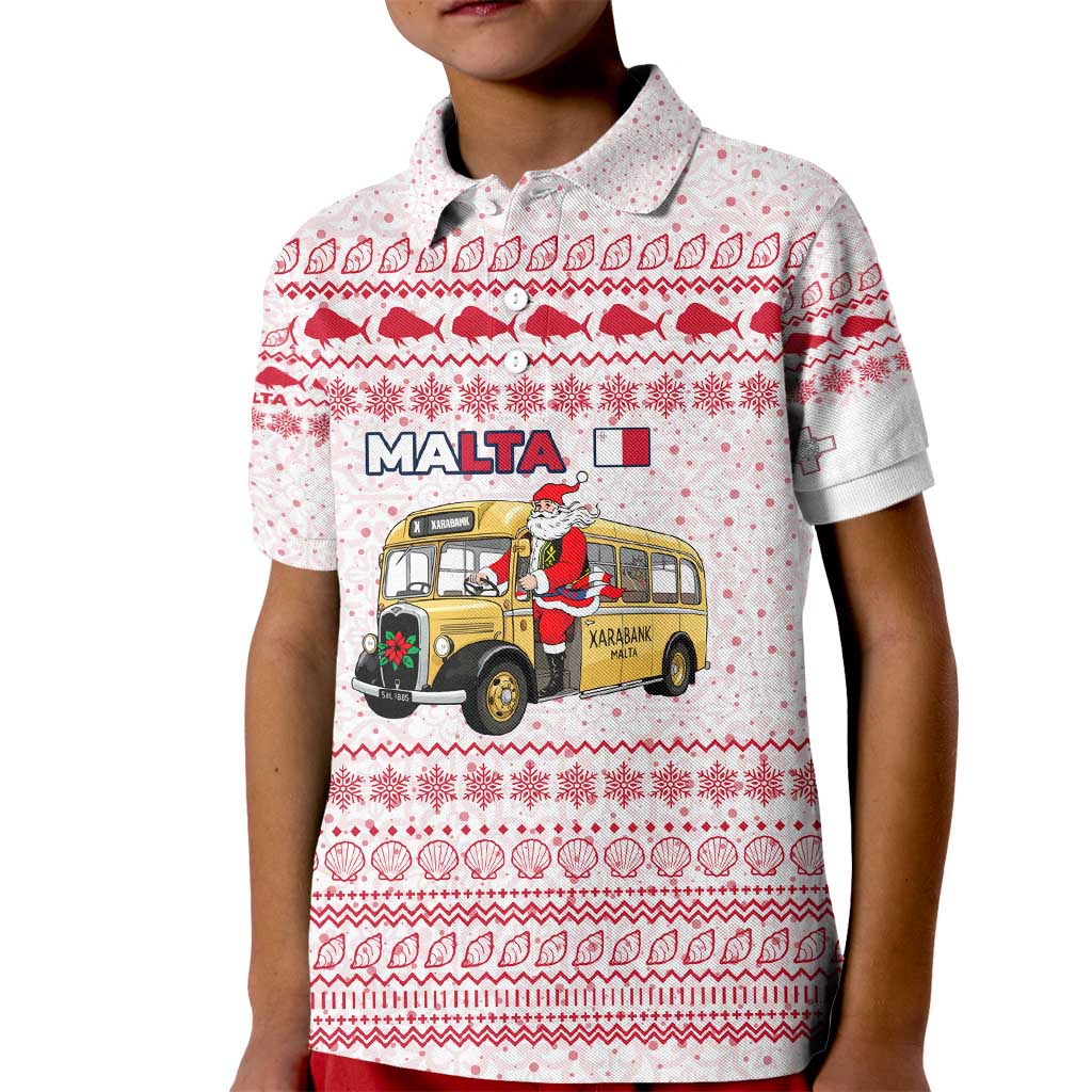 Malta Christmas Kid Polo Shirt with Santa Driving Vintage Bus Malta Flag and Red White Festive Pattern Design - Wonder Print Shop
