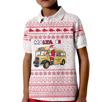 Malta Christmas Kid Polo Shirt with Santa Driving Vintage Bus Malta Flag and Red White Festive Pattern Design - Wonder Print Shop