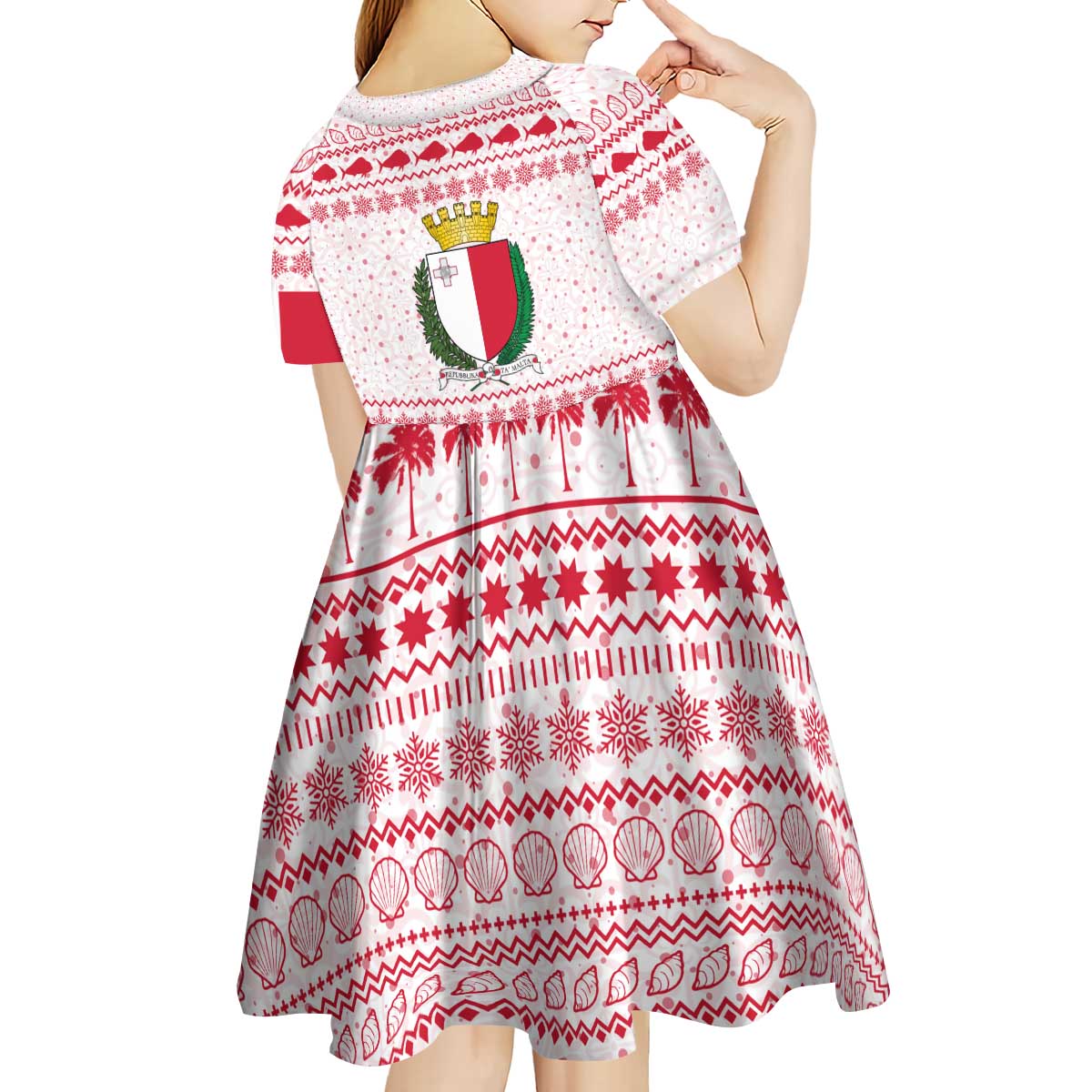 Malta Christmas Kid Short Sleeve Dress with Santa Driving Vintage Bus Malta Flag and Red White Festive Pattern Design - Wonder Print Shop