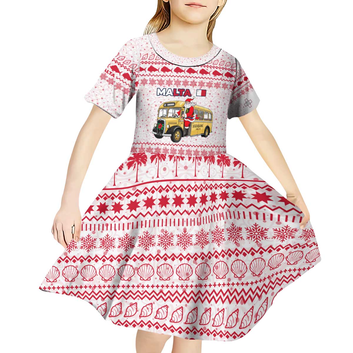 Malta Christmas Kid Short Sleeve Dress with Santa Driving Vintage Bus Malta Flag and Red White Festive Pattern Design - Wonder Print Shop