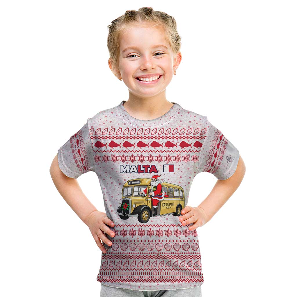 Malta Christmas Kid T Shirt with Santa Driving Vintage Bus Malta Flag and Red White Festive Pattern Design - Wonder Print Shop