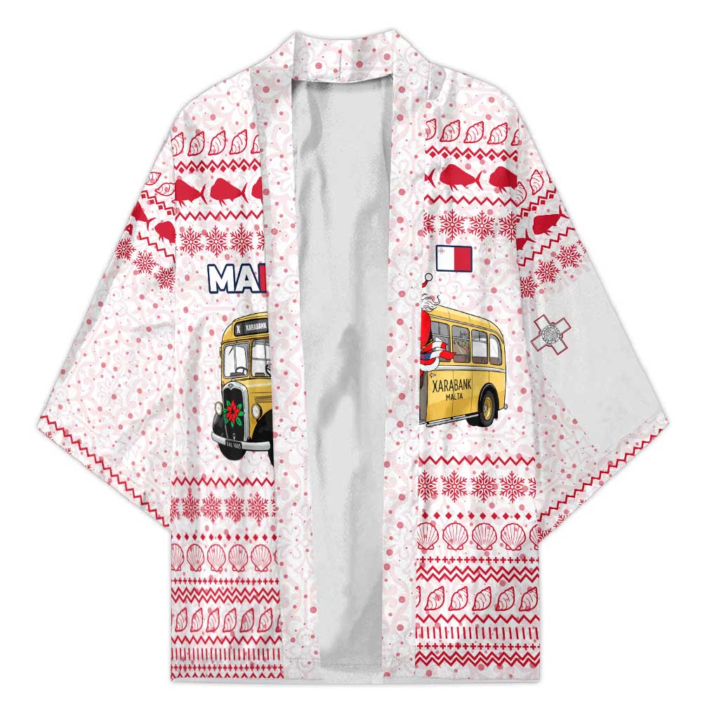 Malta Christmas Kimono with Santa Driving Vintage Bus Malta Flag and Red White Festive Pattern Design - Wonder Print Shop