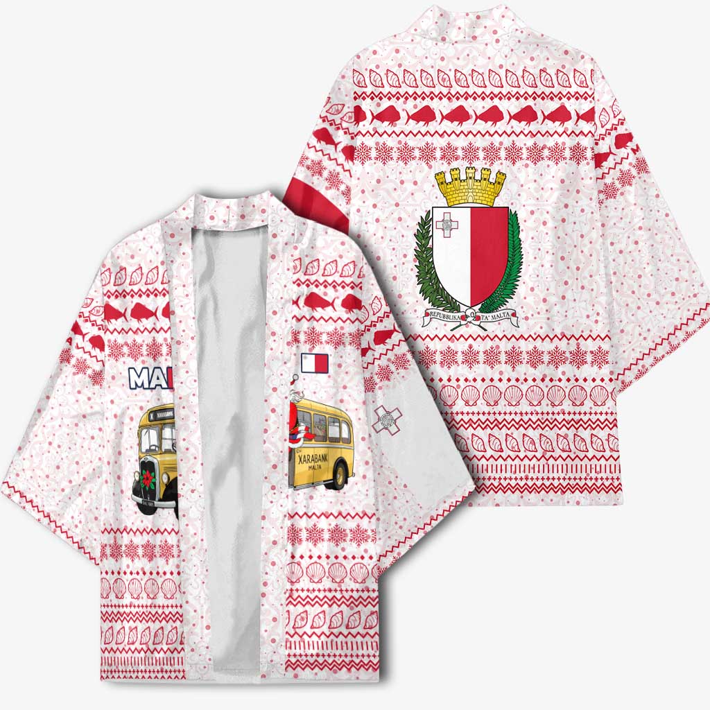 Malta Christmas Kimono with Santa Driving Vintage Bus Malta Flag and Red White Festive Pattern Design - Wonder Print Shop