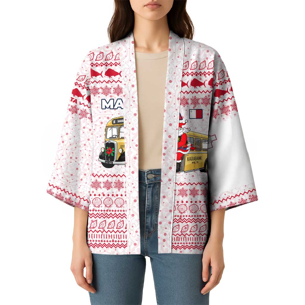 Malta Christmas Kimono with Santa Driving Vintage Bus Malta Flag and Red White Festive Pattern Design - Wonder Print Shop