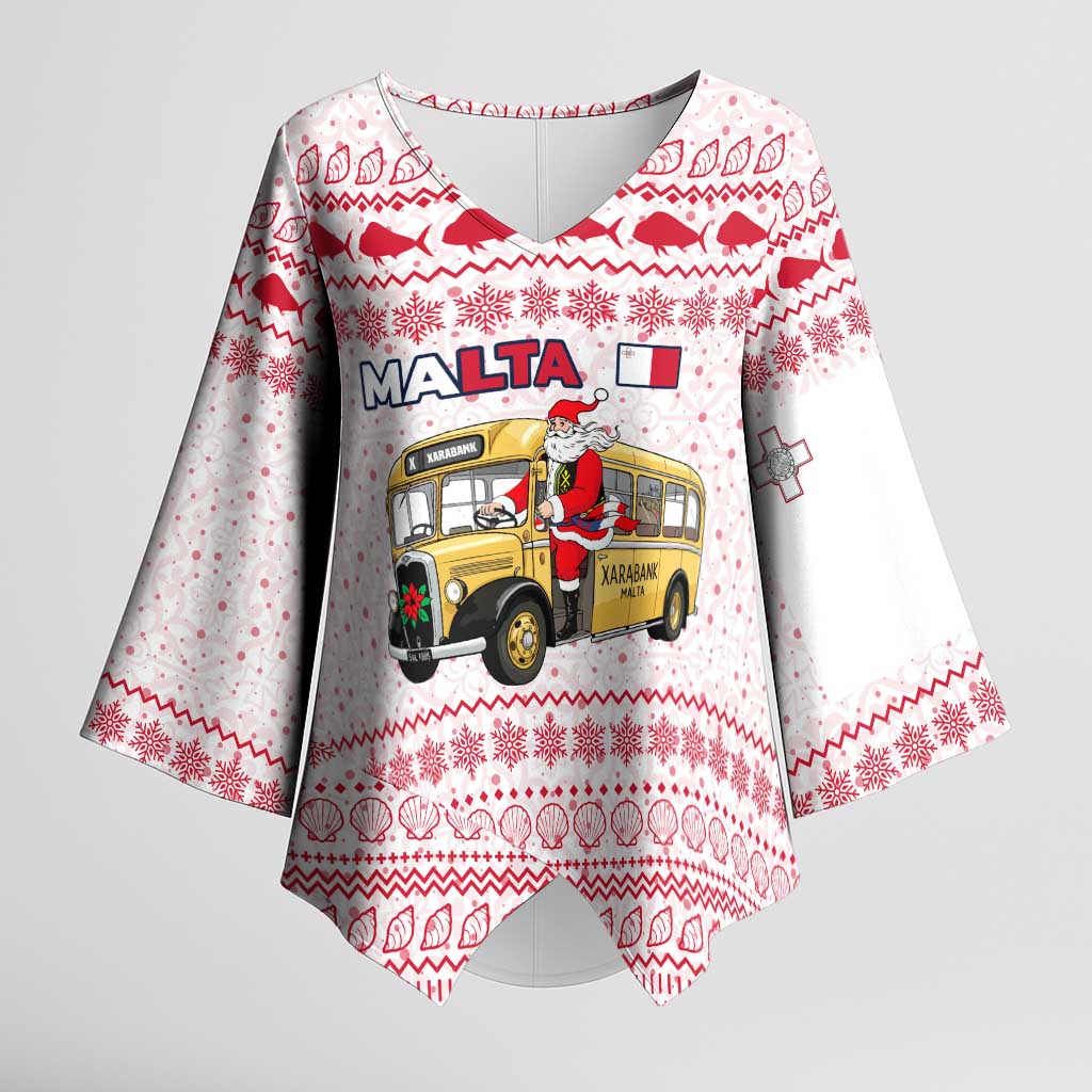 Malta Christmas Kimono Sleeve Blouse with Santa Driving Vintage Bus Malta Flag and Red White Festive Pattern Design - Wonder Print Shop
