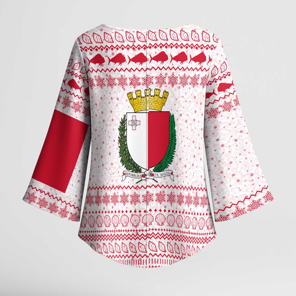 Malta Christmas Kimono Sleeve Blouse with Santa Driving Vintage Bus Malta Flag and Red White Festive Pattern Design - Wonder Print Shop