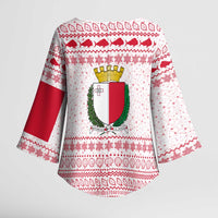Malta Christmas Kimono Sleeve Blouse with Santa Driving Vintage Bus Malta Flag and Red White Festive Pattern Design - Wonder Print Shop