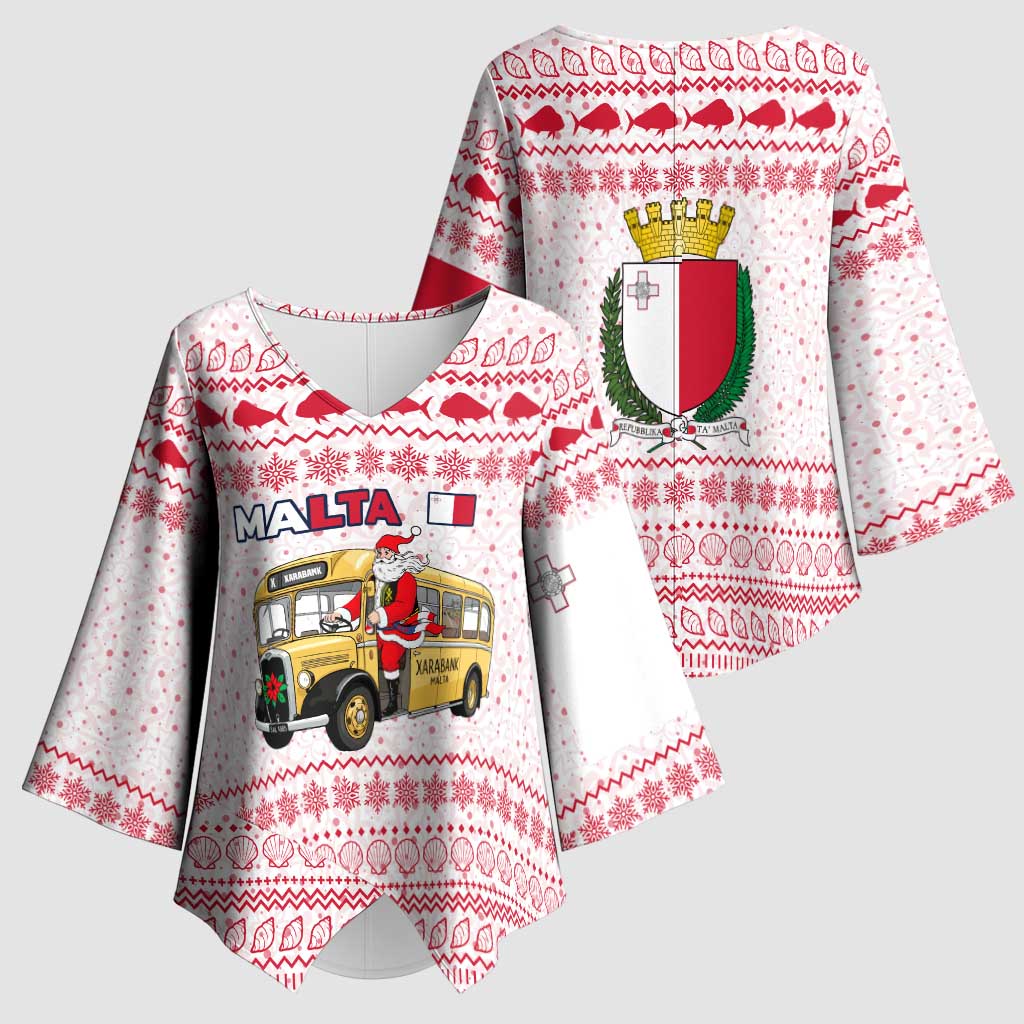 Malta Christmas Kimono Sleeve Blouse with Santa Driving Vintage Bus Malta Flag and Red White Festive Pattern Design - Wonder Print Shop