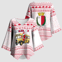 Malta Christmas Kimono Sleeve Blouse with Santa Driving Vintage Bus Malta Flag and Red White Festive Pattern Design - Wonder Print Shop