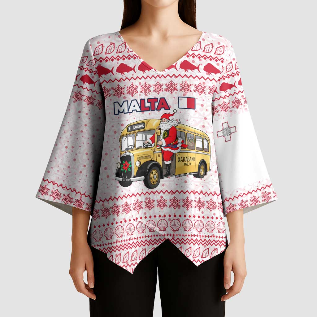 Malta Christmas Kimono Sleeve Blouse with Santa Driving Vintage Bus Malta Flag and Red White Festive Pattern Design - Wonder Print Shop