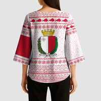 Malta Christmas Kimono Sleeve Blouse with Santa Driving Vintage Bus Malta Flag and Red White Festive Pattern Design - Wonder Print Shop