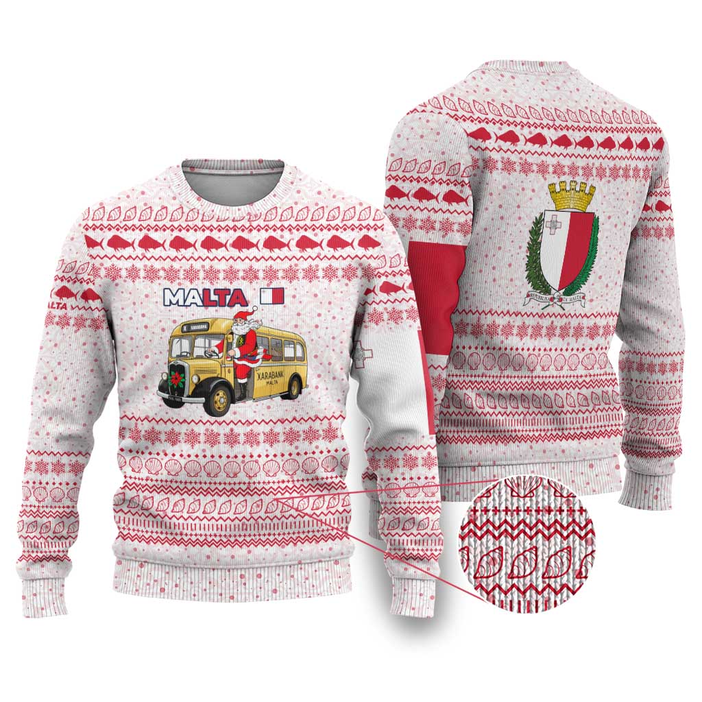 Malta Christmas Ugly Christmas Sweater with Santa Driving Vintage Bus Malta Flag and Red White Festive Pattern Design - Wonder Print Shop