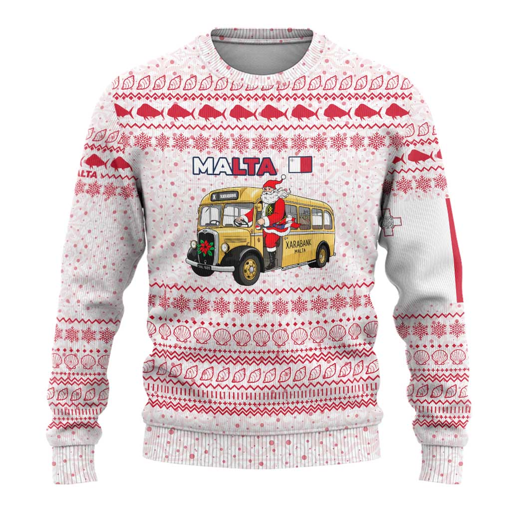 Malta Christmas Ugly Christmas Sweater with Santa Driving Vintage Bus Malta Flag and Red White Festive Pattern Design - Wonder Print Shop