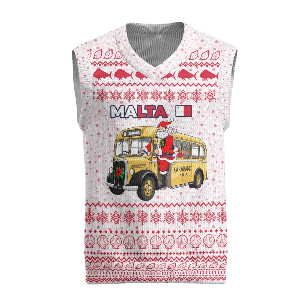 Malta Christmas Knitted V-Neck Vest with Santa Driving Vintage Bus Malta Flag and Red White Festive Pattern Design - Wonder Print Shop