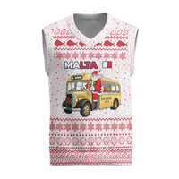 Malta Christmas Knitted V-Neck Vest with Santa Driving Vintage Bus Malta Flag and Red White Festive Pattern Design - Wonder Print Shop