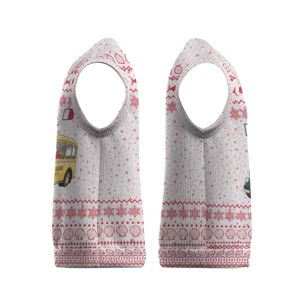Malta Christmas Knitted V-Neck Vest with Santa Driving Vintage Bus Malta Flag and Red White Festive Pattern Design - Wonder Print Shop