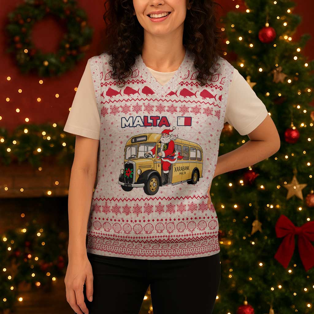 Malta Christmas Knitted V-Neck Vest with Santa Driving Vintage Bus Malta Flag and Red White Festive Pattern Design - Wonder Print Shop