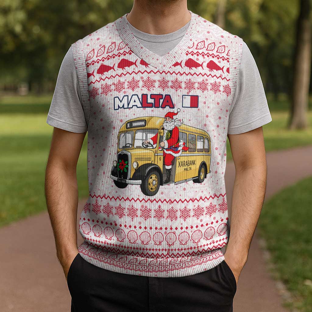 Malta Christmas Knitted V-Neck Vest with Santa Driving Vintage Bus Malta Flag and Red White Festive Pattern Design - Wonder Print Shop