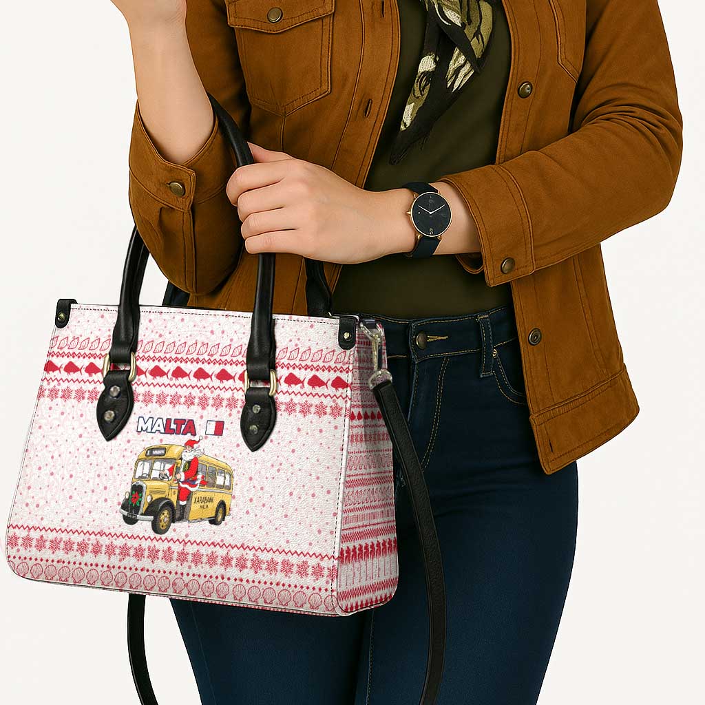 Malta Christmas Leather Bag with Santa Driving Vintage Bus Malta Flag and Red White Festive Pattern Design - Wonder Print Shop