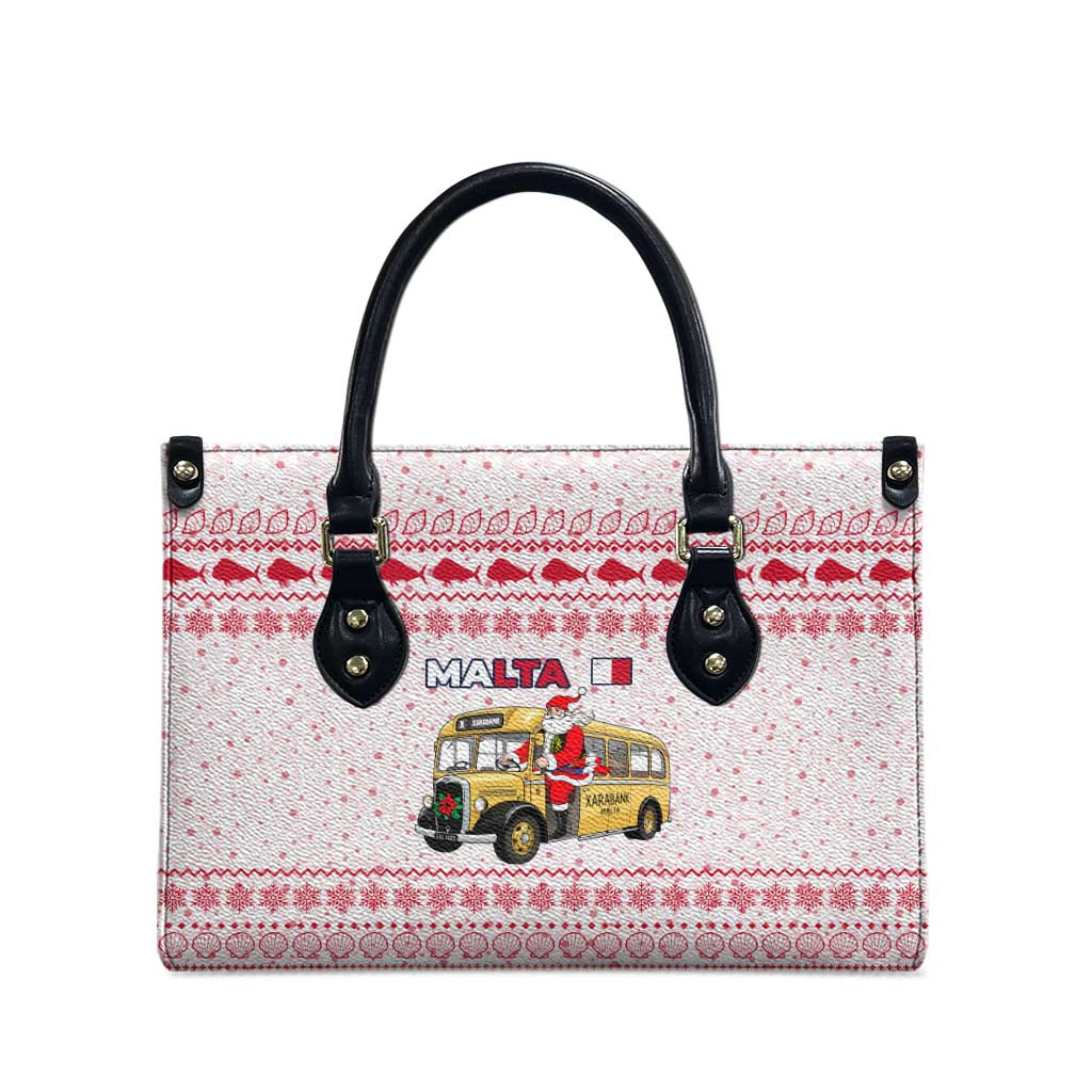 Malta Christmas Leather Bag with Santa Driving Vintage Bus Malta Flag and Red White Festive Pattern Design - Wonder Print Shop