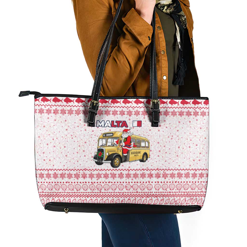 Malta Christmas Leather Tote Bag with Santa Driving Vintage Bus Malta Flag and Red White Festive Pattern Design - Wonder Print Shop