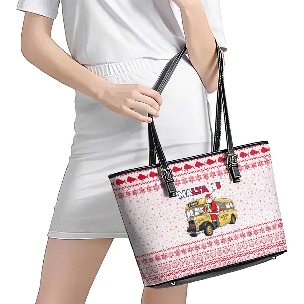 Malta Christmas Leather Tote Bag with Santa Driving Vintage Bus Malta Flag and Red White Festive Pattern Design - Wonder Print Shop