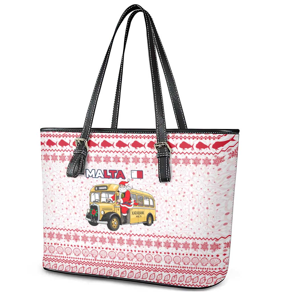 Malta Christmas Leather Tote Bag with Santa Driving Vintage Bus Malta Flag and Red White Festive Pattern Design - Wonder Print Shop