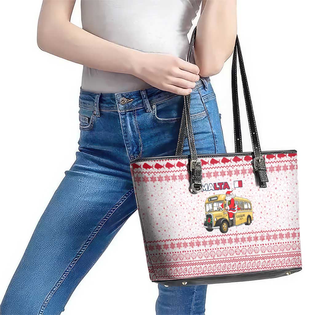 Malta Christmas Leather Tote Bag with Santa Driving Vintage Bus Malta Flag and Red White Festive Pattern Design - Wonder Print Shop