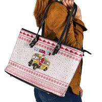 Malta Christmas Leather Tote Bag with Santa Driving Vintage Bus Malta Flag and Red White Festive Pattern Design - Wonder Print Shop