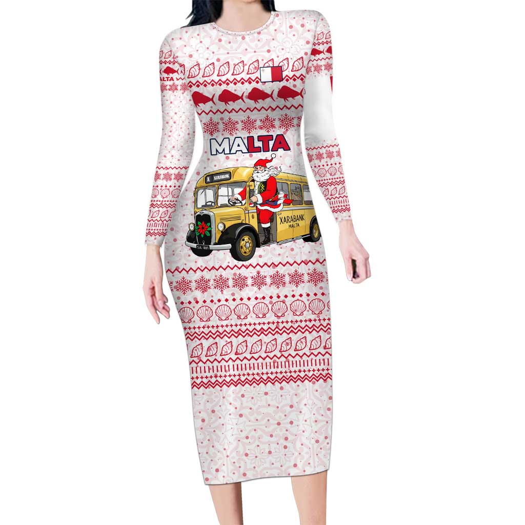 Malta Christmas Long Sleeve Bodycon Dress with Santa Driving Vintage Bus Malta Flag and Red White Festive Pattern Design - Wonder Print Shop