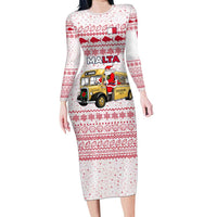 Malta Christmas Long Sleeve Bodycon Dress with Santa Driving Vintage Bus Malta Flag and Red White Festive Pattern Design - Wonder Print Shop