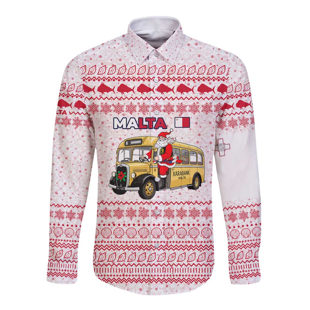 Malta Christmas Long Sleeve Button Shirt with Santa Driving Vintage Bus Malta Flag and Red White Festive Pattern Design - Wonder Print Shop